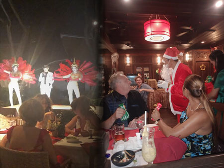 Composit image of caberet dancers and Santa giving gifts